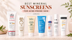 Lineup of top mineral sunscreens for acne-prone skin in 2026 including EltaMD, Sun Bum, Babo Botanicals, CeraVe, Cetaphil, DRMTLGY, and Neutrogena