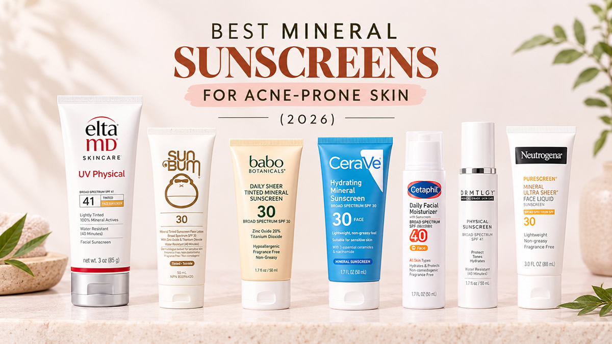 Lineup of top mineral sunscreens for acne-prone skin in 2026 including EltaMD, Sun Bum, Babo Botanicals, CeraVe, Cetaphil, DRMTLGY, and Neutrogena