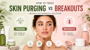 Infographic showing the difference between skin purging and regular breakouts on a woman's face