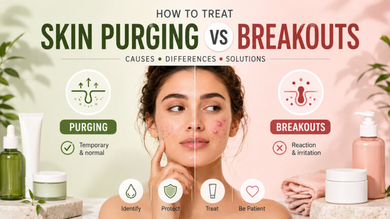 Infographic showing the difference between skin purging and regular breakouts on a woman's face