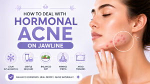 Guide on how to deal with hormonal acne on jawline showing adult woman with gentle skincare products