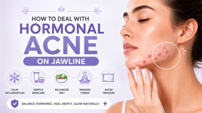 Guide on how to deal with hormonal acne on jawline showing adult woman with gentle skincare products