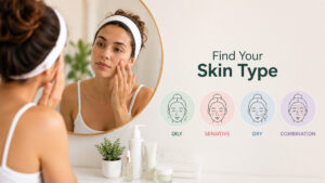 Woman examining facial skin in a round mirror next to skin type icons for oily, sensitive, dry, and combination skin.