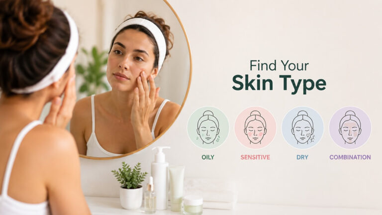 Woman examining facial skin in a round mirror next to skin type icons for oily, sensitive, dry, and combination skin.