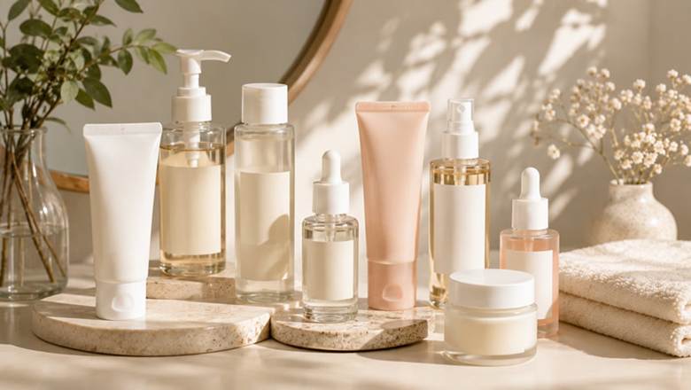 Infographic guide showing recommended skincare products for oily, sensitive, dry, and combination skin types.
