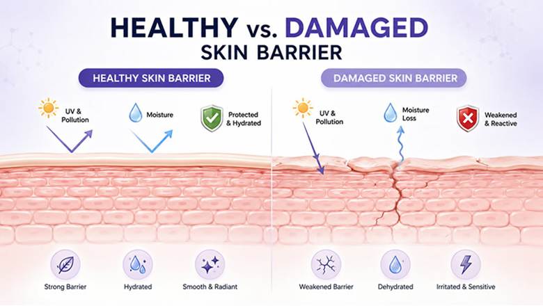 Comparison diagram of a healthy skin barrier vs a damaged skin barrier showing moisture loss and skin irritation