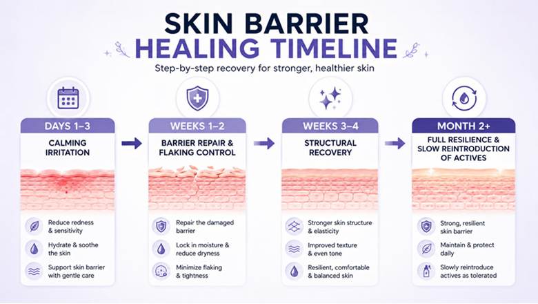 Step-by-step skin barrier healing timeline infographic showing recovery progress from days one to two months