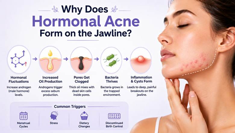 Diagram showing causes of hormonal jawline acne including androgen sensitivity and excess sebum production