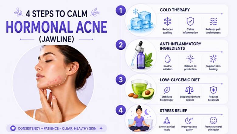 Infographic showing 4 steps to calm hormonal acne on jawline including ice therapy, diet changes, and stress relief