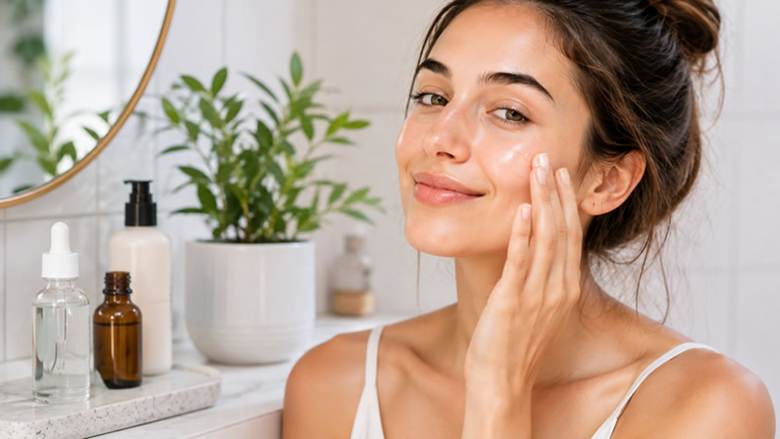 Woman gently applying hydrating serum on face for natural skin radiance