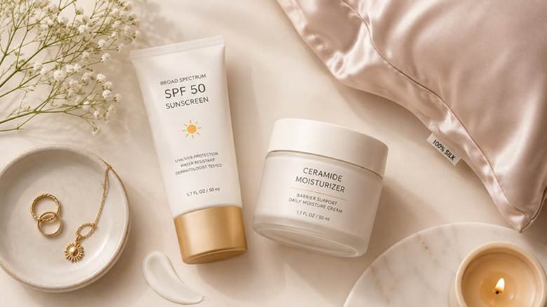 Broad-spectrum SPF 50 sunscreen tube and ceramide moisturizer jar next to a silk pillowcase