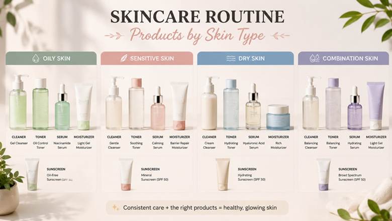 Minimalist aesthetic arrangement of facial skincare bottles, creams, and serums on a vanity.