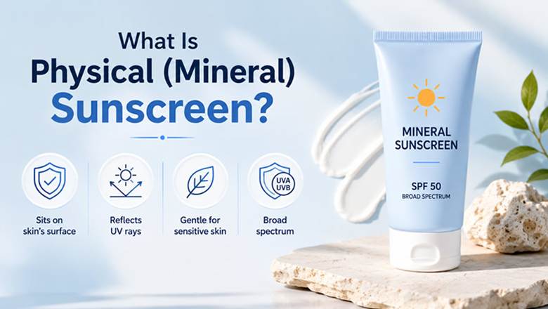Infographic explaining physical mineral sunscreen benefits including zinc oxide ingredients and gentle protection for sensitive skin