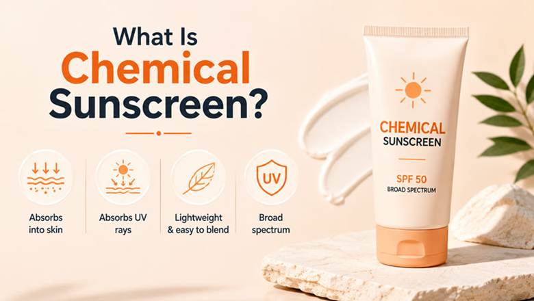 Infographic explaining chemical sunscreen features including UV absorption, lightweight texture, and clear finish for all skin tones.