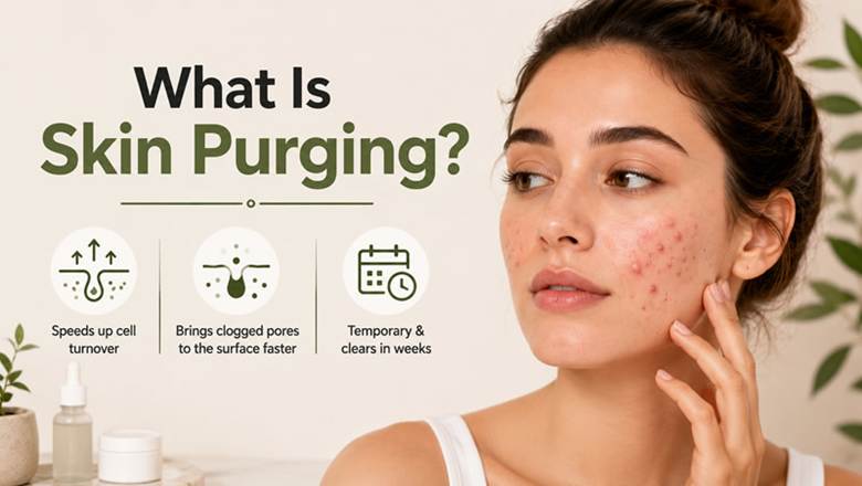 Diagram explaining what skin purging is with icons for cell turnover and temporary clogging