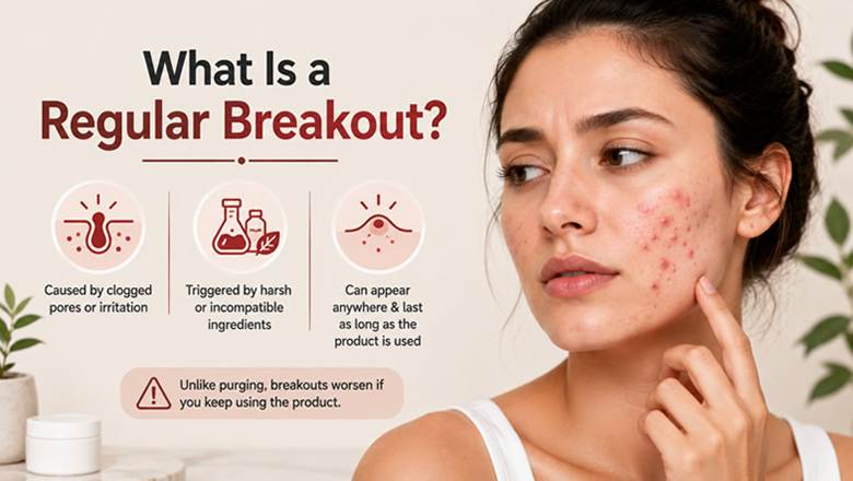 Educational image explaining the causes of regular acne breakouts from clogged pores and irritating skincare products