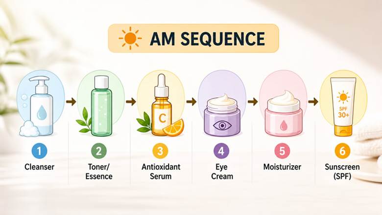 Morning skincare routine sequence flowchart showing cleanser toner serum eye cream moisturizer and sunscreen