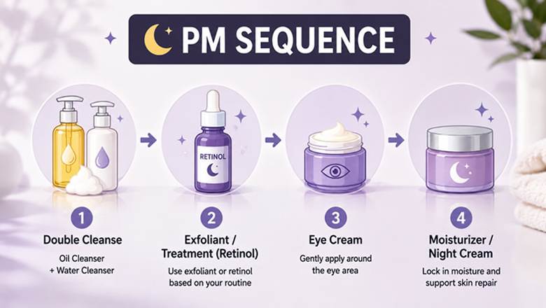 Nighttime skincare routine sequence showing double cleanse retinol eye cream and night moisturizer