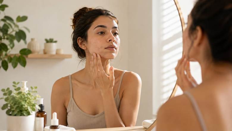 Close-up shot of a young woman inspecting her bare facial skin in a bathroom mirror to determine whether her skin feels tight, oily, or comfortable during a bare-face skin test.