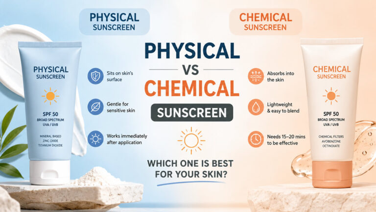 Comparison infographic of physical mineral vs chemical sunscreen showing broad spectrum SPF 50 tubes and key features