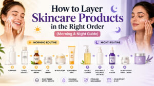 How to layer skincare products in the right order morning and night routine infographic