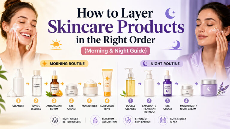 How to layer skincare products in the right order morning and night routine infographic