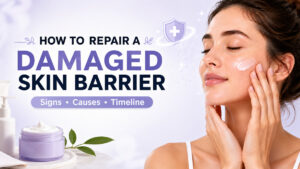 How to repair a damaged skin barrier guide showing healthy glowing skin, moisturizer cream, and barrier shield icon