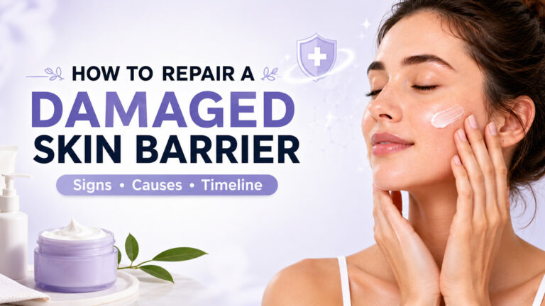 How to repair a damaged skin barrier guide showing healthy glowing skin, moisturizer cream, and barrier shield icon