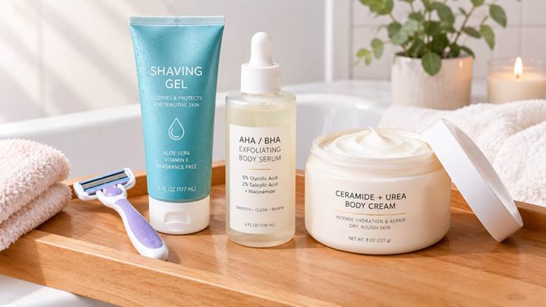 Shaving gel, AHA BHA exfoliating body serum, razor, and ceramide urea body cream on a bath caddy.