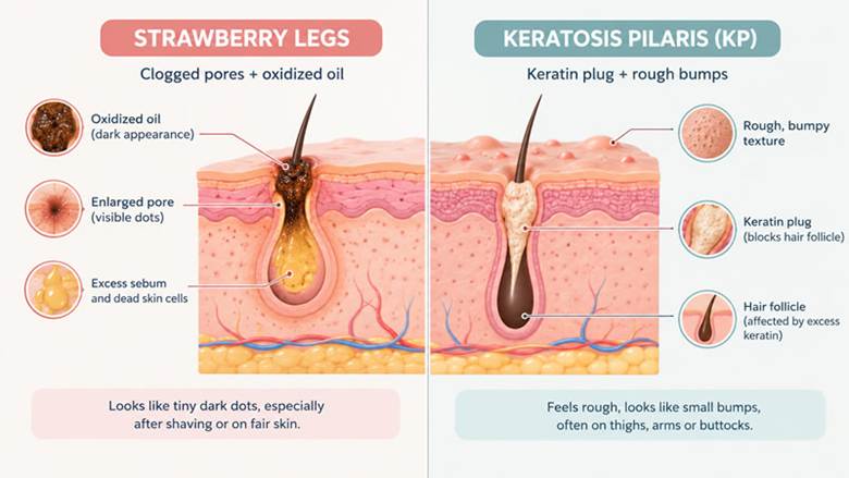 Anatomical diagram comparing clogged pores in strawberry legs with keratin plugs in keratosis pilaris