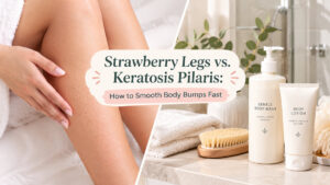 Split image showing smooth legs next to gentle body wash and body lotion for strawberry legs and keratosis pilaris