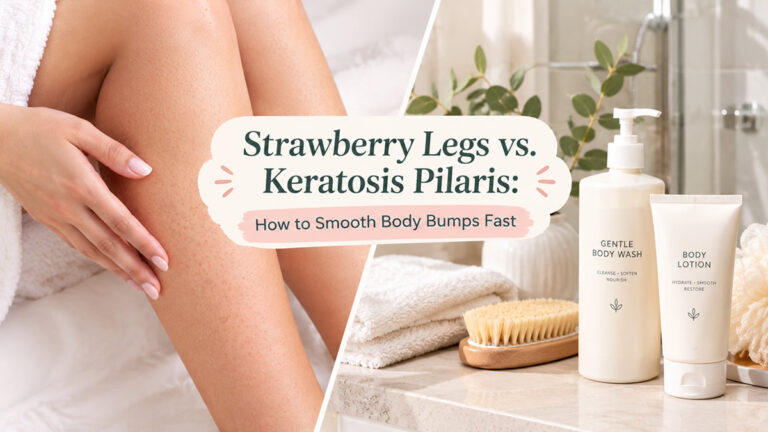 Split image showing smooth legs next to gentle body wash and body lotion for strawberry legs and keratosis pilaris